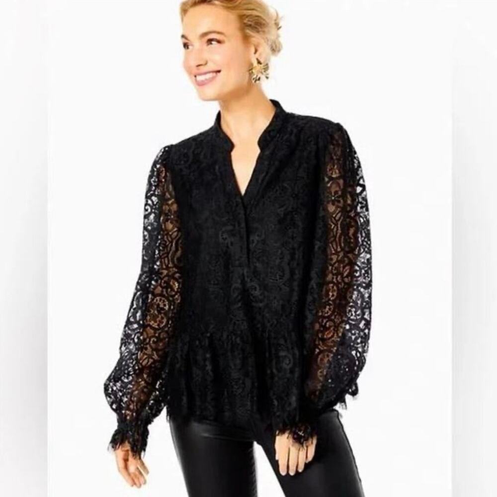 Lily Pulitzer Jacelynne Long Sleeve Black Lace Top Size L
